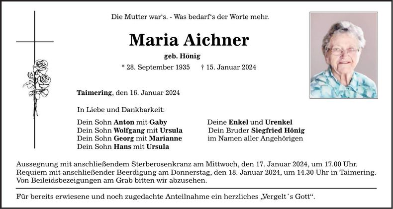 Traueranzeige Maria Aichner
