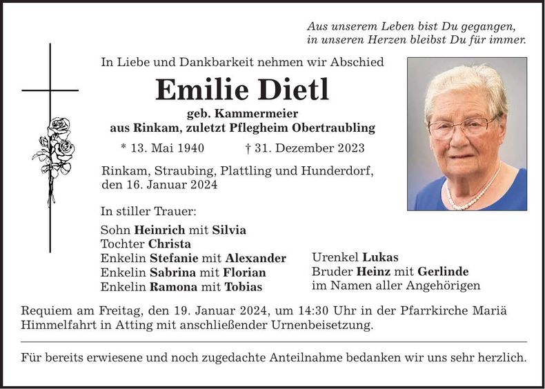 Traueranzeige Emilie Dietl