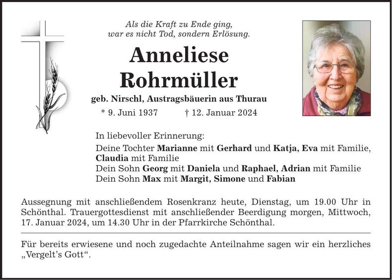 Traueranzeige Anneliese Rohrmüller