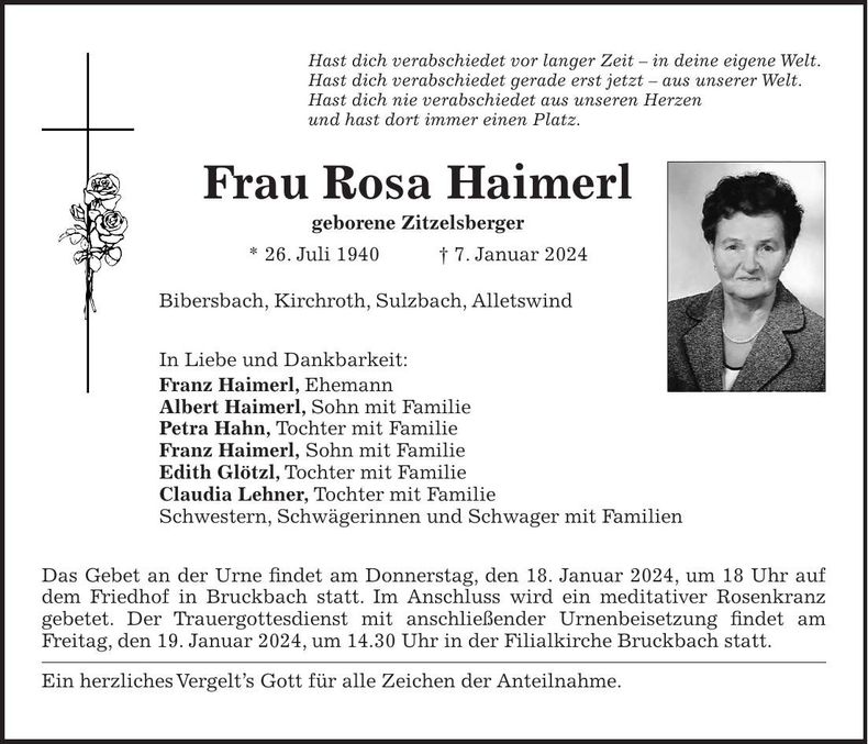 Traueranzeige Rosa Haimerl