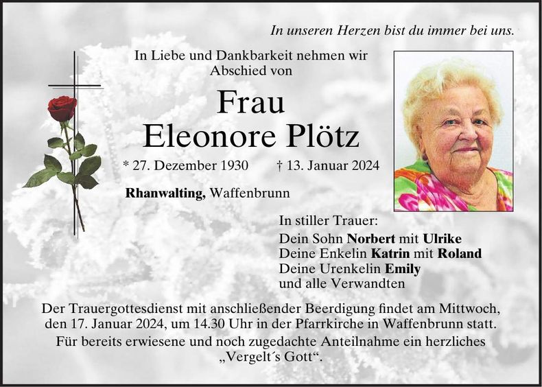 Traueranzeige Eleonore Plötz
