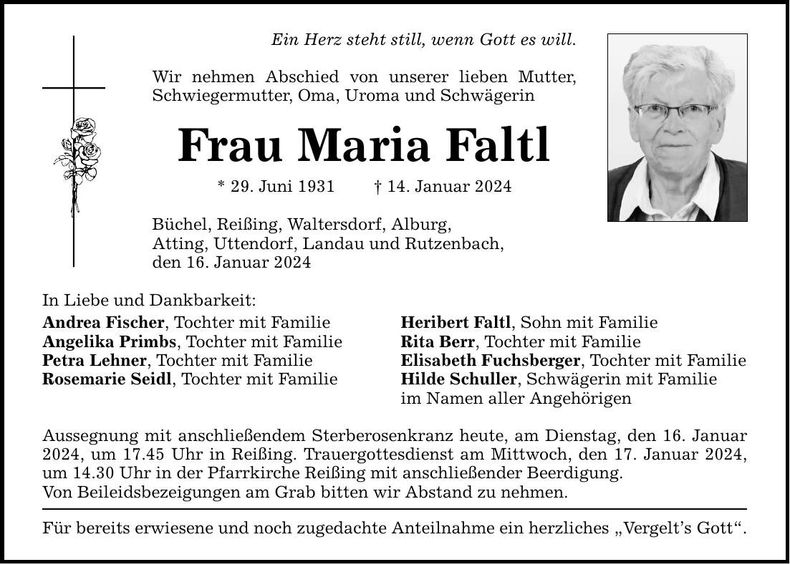 Traueranzeige Maria Faltl