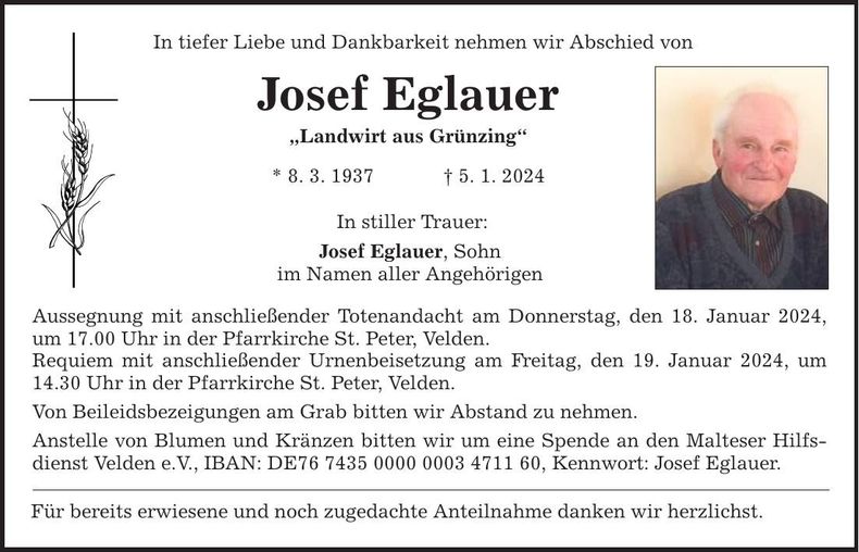 Traueranzeige Josef Eglauer
