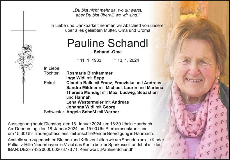 Traueranzeige Pauline Schandl