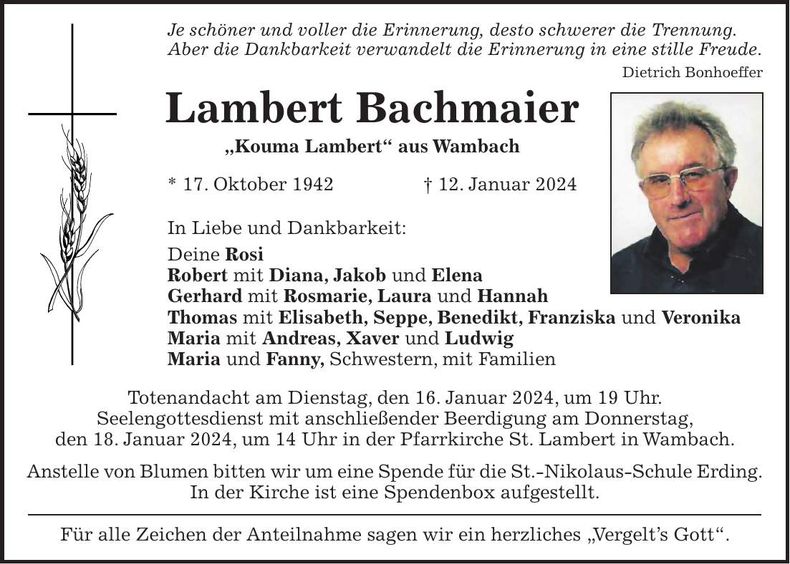 Traueranzeige Lambert Bachmaier
