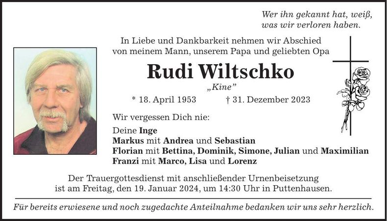 Traueranzeige Rudi Wiltschko