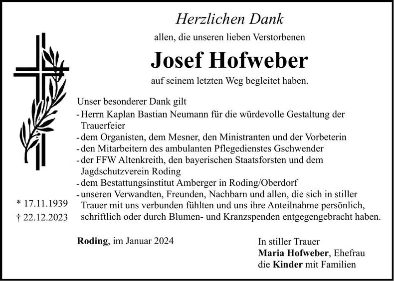 Traueranzeige Josef Hofweber