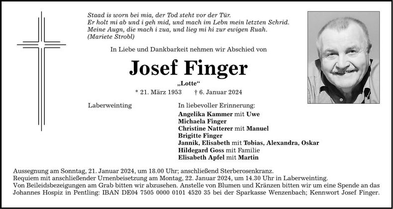 Traueranzeige Josef Finger