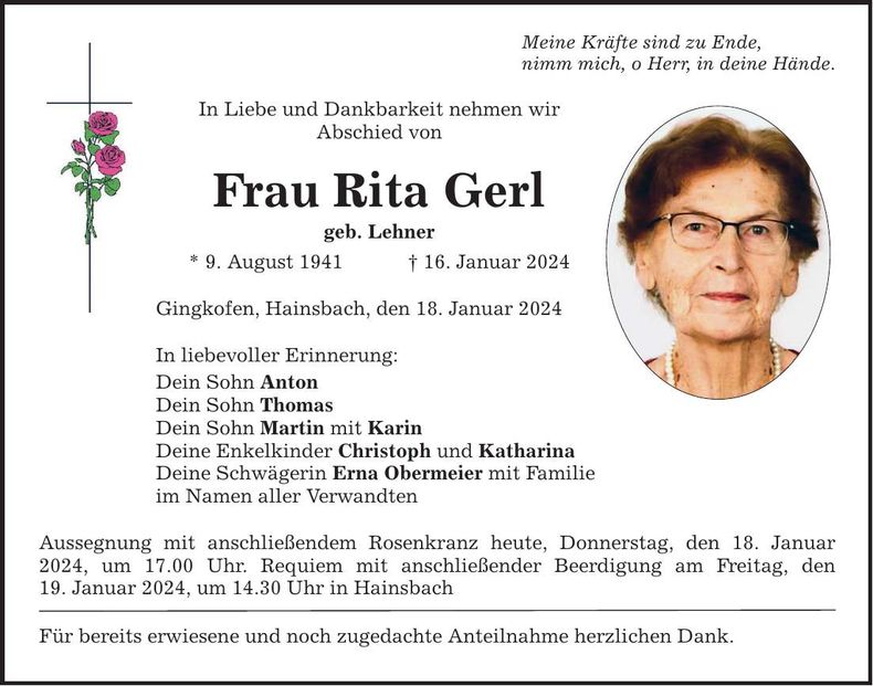 Traueranzeige Rita Gerl