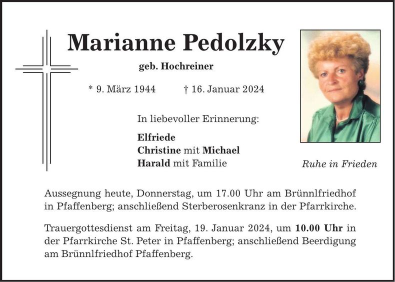 Traueranzeige Marianne Pedolzky