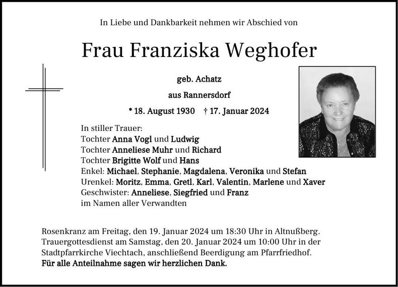 Traueranzeige Franziska Weghofer