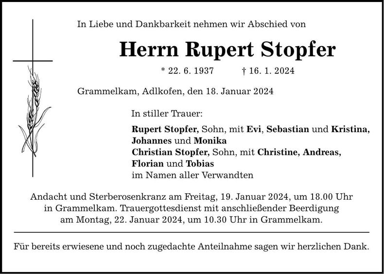 Traueranzeige Rupert Stopfer