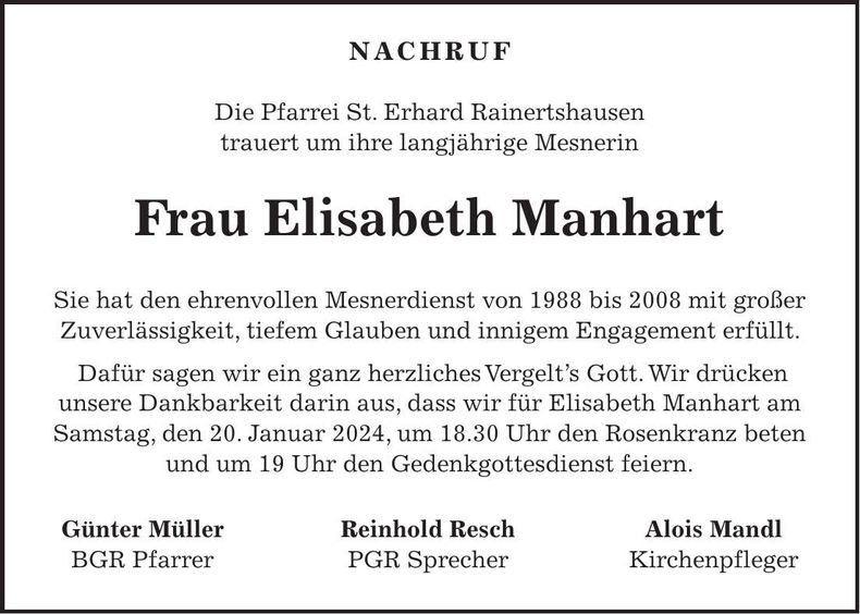 Traueranzeige Elisabeth Manhart