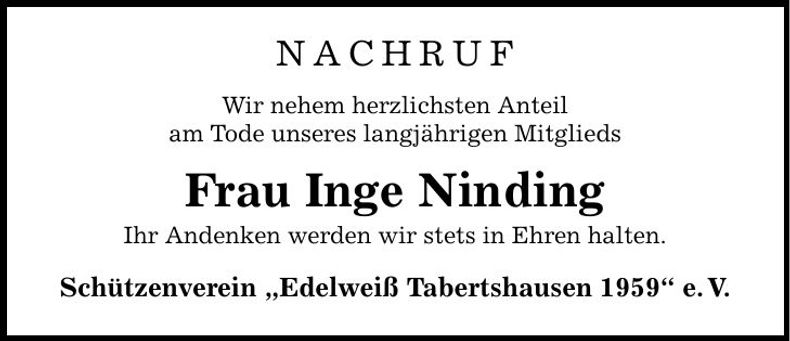 Traueranzeige Inge Ninding