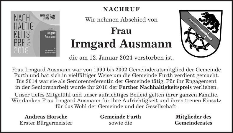 Traueranzeige Irmgard Ausmann