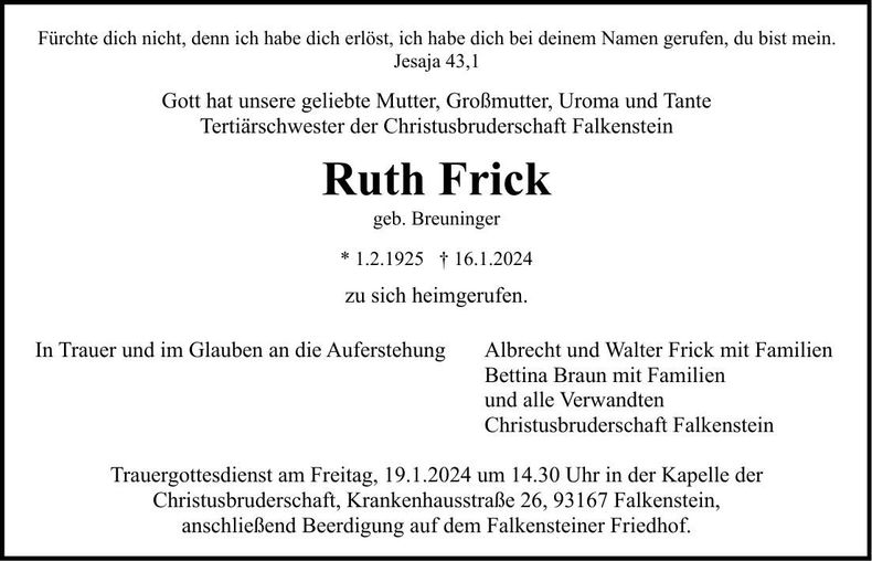 Traueranzeige Ruth Frick