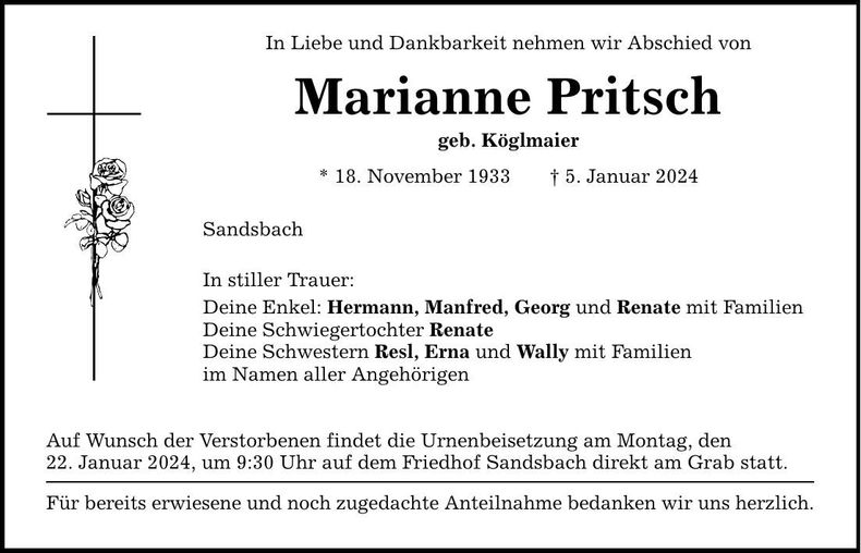 Traueranzeige Marianne Pritsch