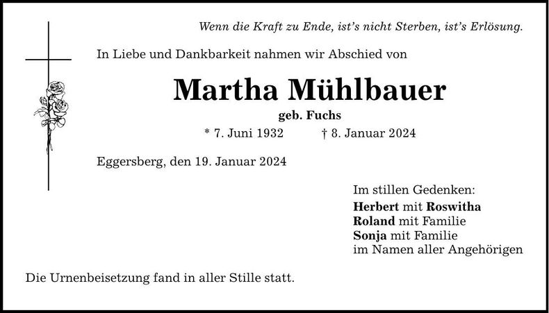 Traueranzeige Martha Mühlbauer