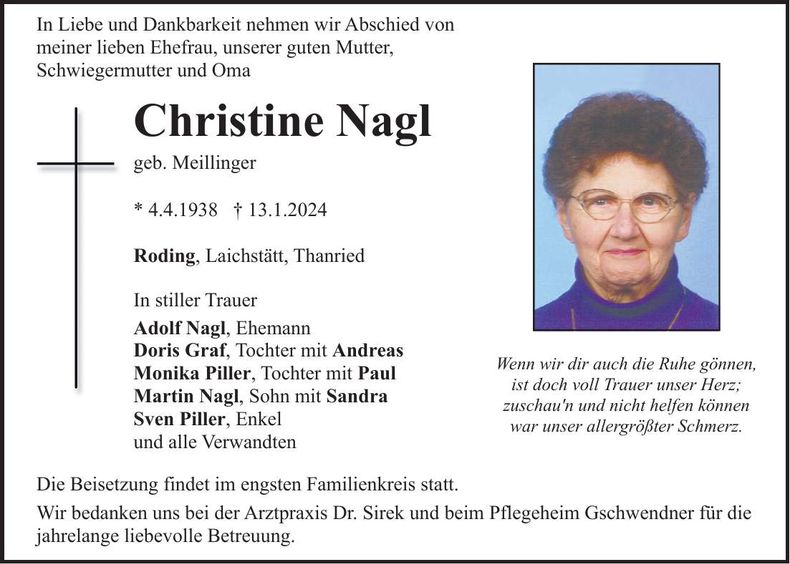 Traueranzeige Christine Nagl