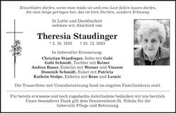 Traueranzeige Theresia Staudinger
