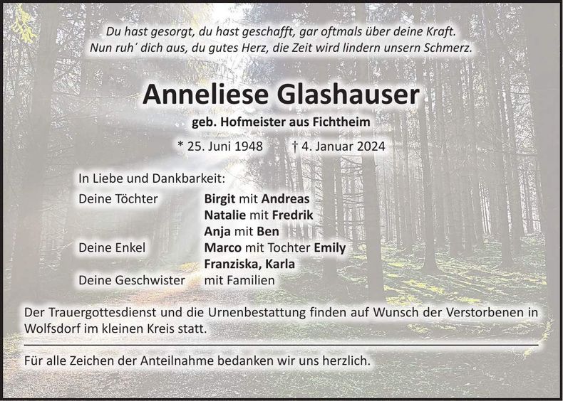 Traueranzeige Anneliese Glashauser