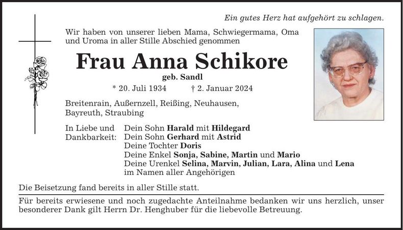 Traueranzeige Anna Schikore