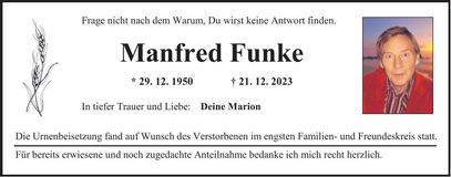 Traueranzeige Manfred Funke