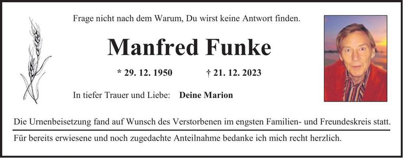 Traueranzeige Manfred Funke