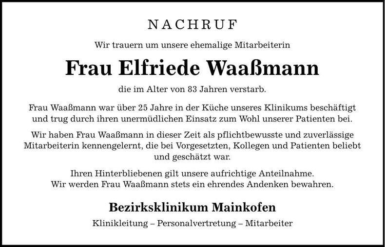 Traueranzeige Elfriede Waaßmann