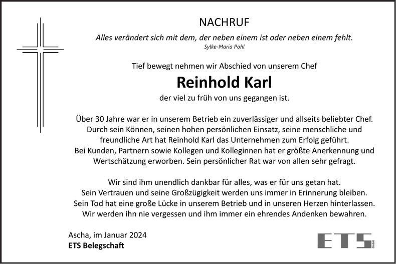 Traueranzeige Reinhold Karl