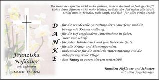 Traueranzeige Franziska Neßlauer