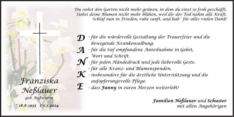 Traueranzeige Franziska Neßlauer
