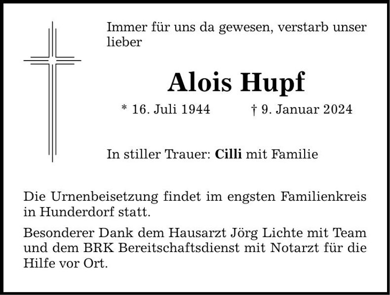 Traueranzeige Alois Hupf