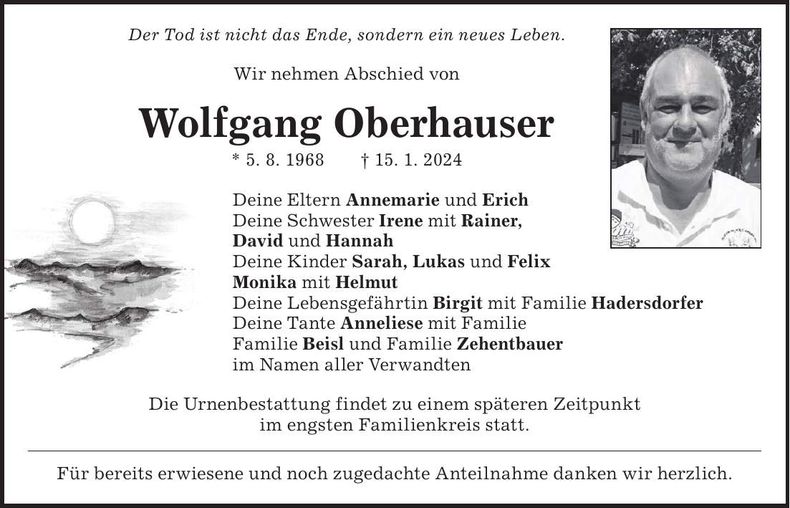 Traueranzeige Wolfgang Oberhauser