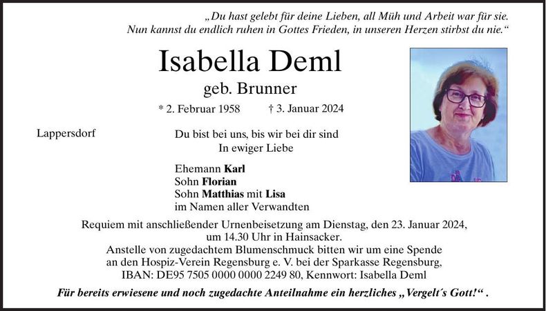 Traueranzeige Isabella Deml
