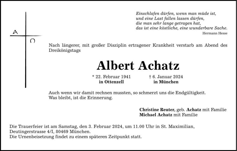 Traueranzeige Albert Achatz