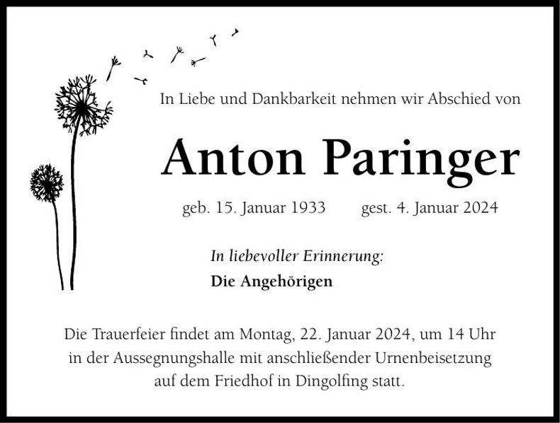 Traueranzeige Anton Paringer