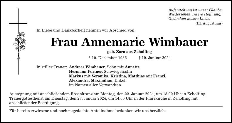 Traueranzeige Annemarie Wimbauer