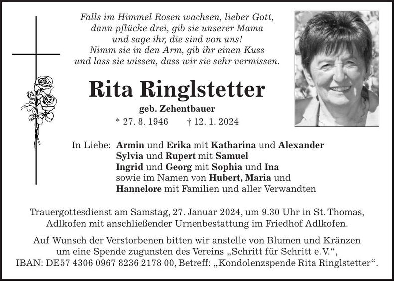 Traueranzeige Rita Ringlstetter
