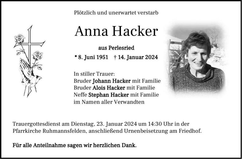 Traueranzeige Anna Hacker