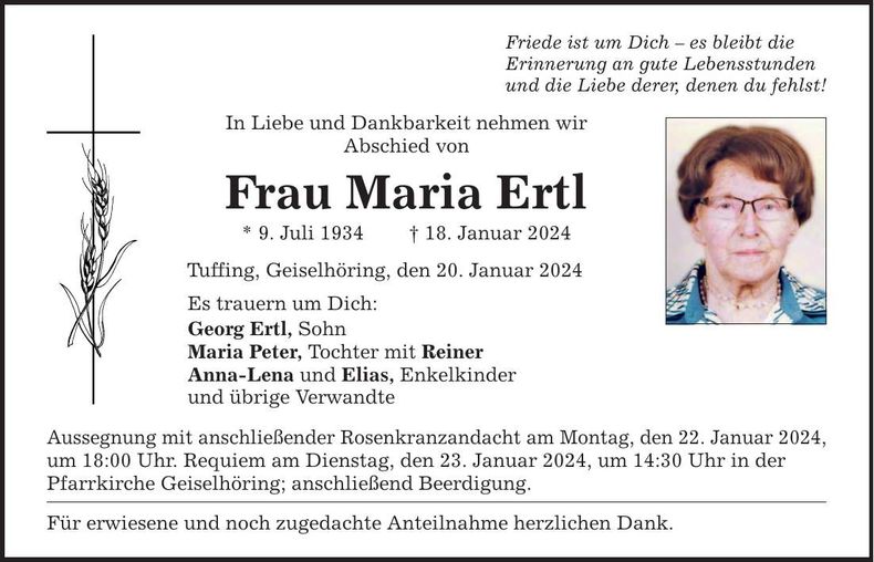 Traueranzeige Maria Ertl