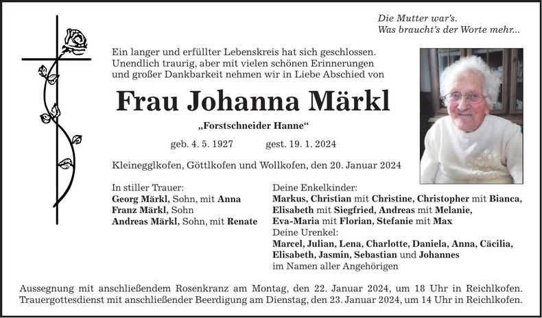 Traueranzeige Johanna Märkl