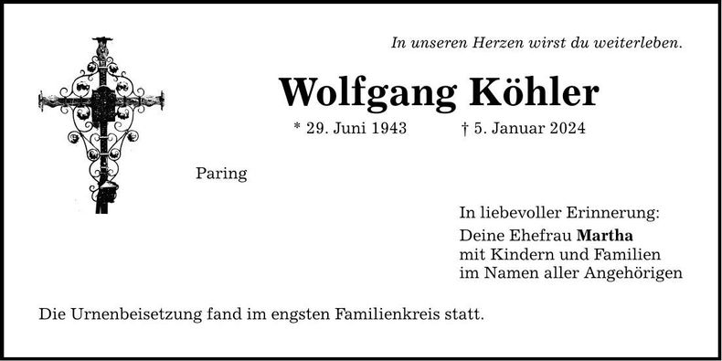 Traueranzeige Wolfgang Köhler