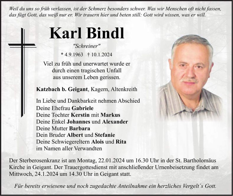 Traueranzeige Karl Bindl