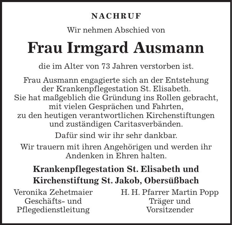 Traueranzeige Irmgard Ausmann