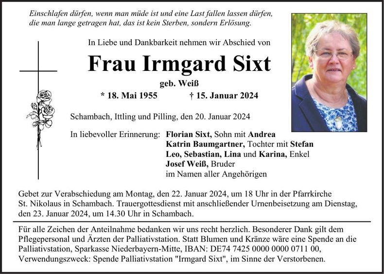 Traueranzeige Irmgard Sixt