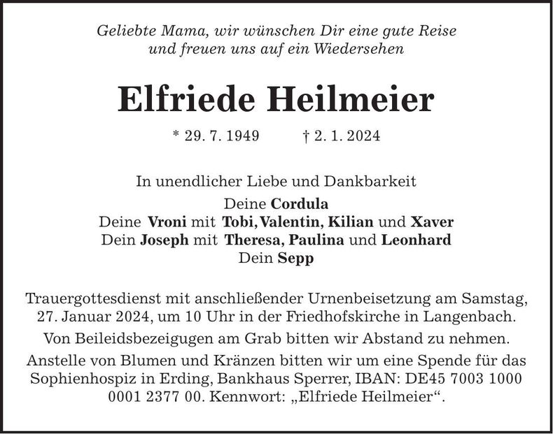 Traueranzeige Elfriede Heilmeier