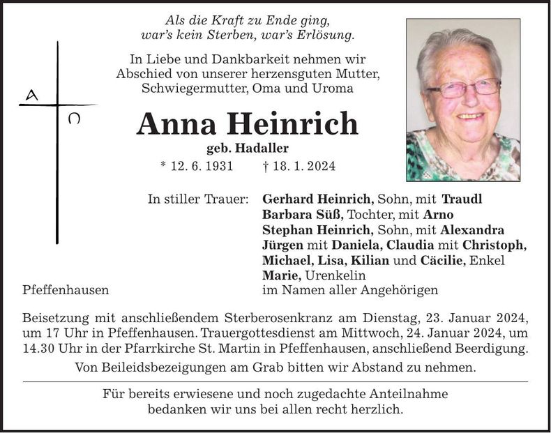 Traueranzeige Anna Heinrich
