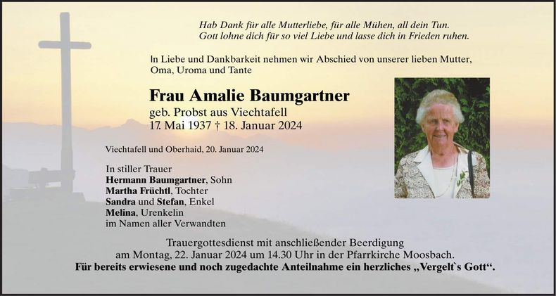 Traueranzeige Amalie Baumgartner