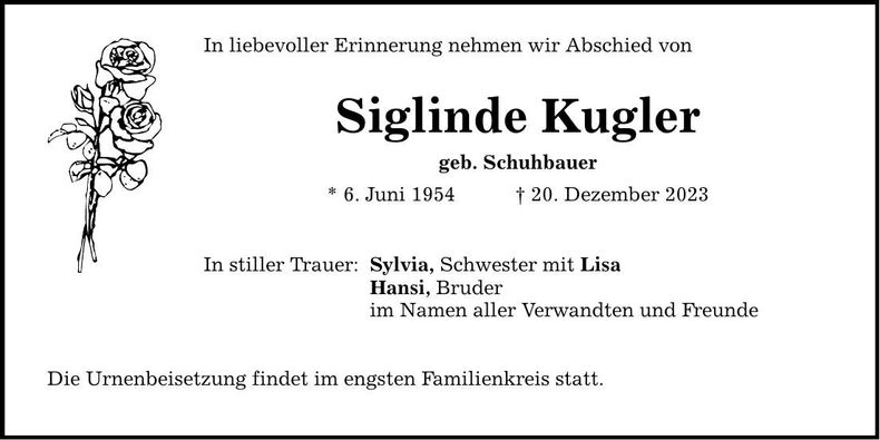 Traueranzeige Siglinde Kugler